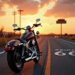 Eine Harley-Davidson steht am Straßenrand der Route 66 bei Sonnenuntergang.