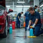 Saubere Autowerkstatt mit Mechanikern, die hygienische Standards einhalten.