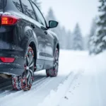 Schneeketten auf verschneiter Straße