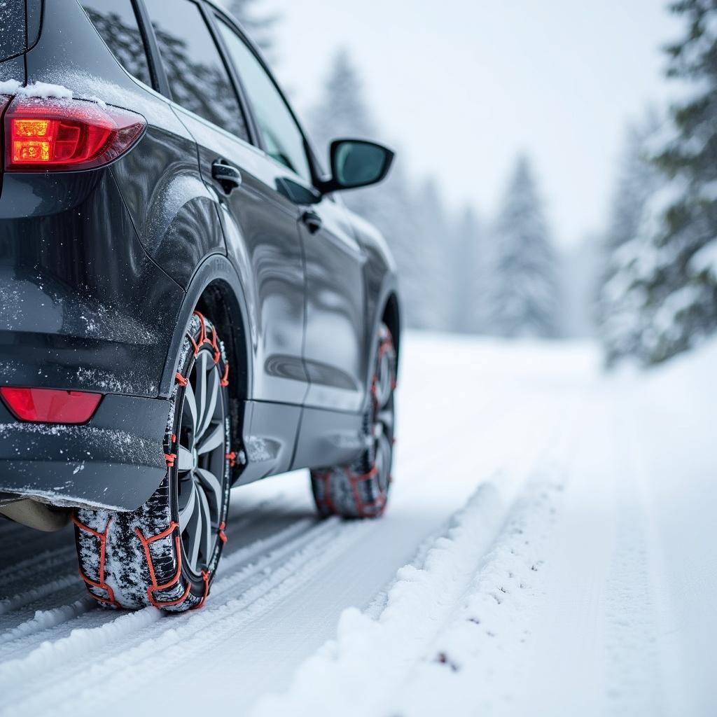 Schneeketten auf verschneiter Straße