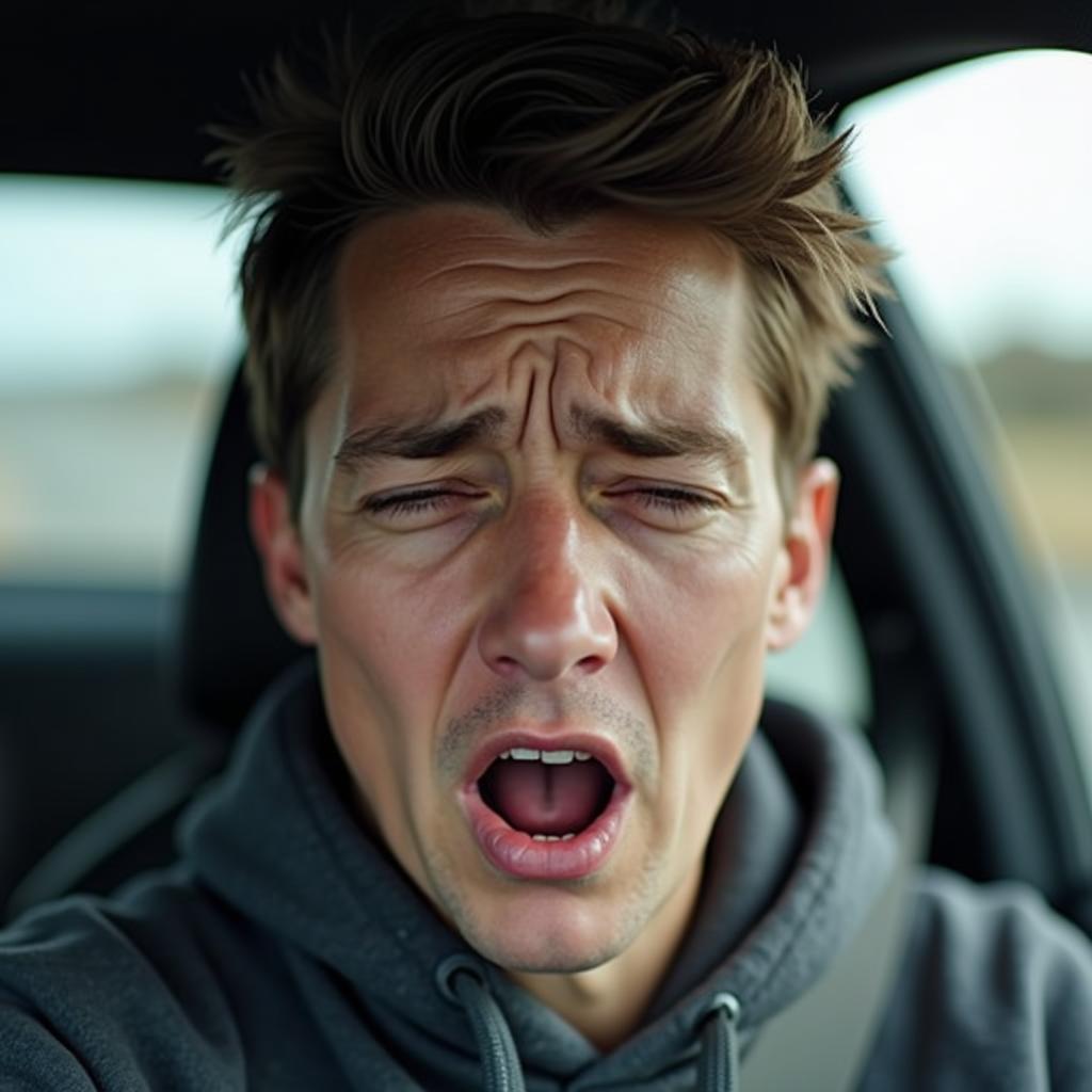 Driver yawning and looking tired at the wheel