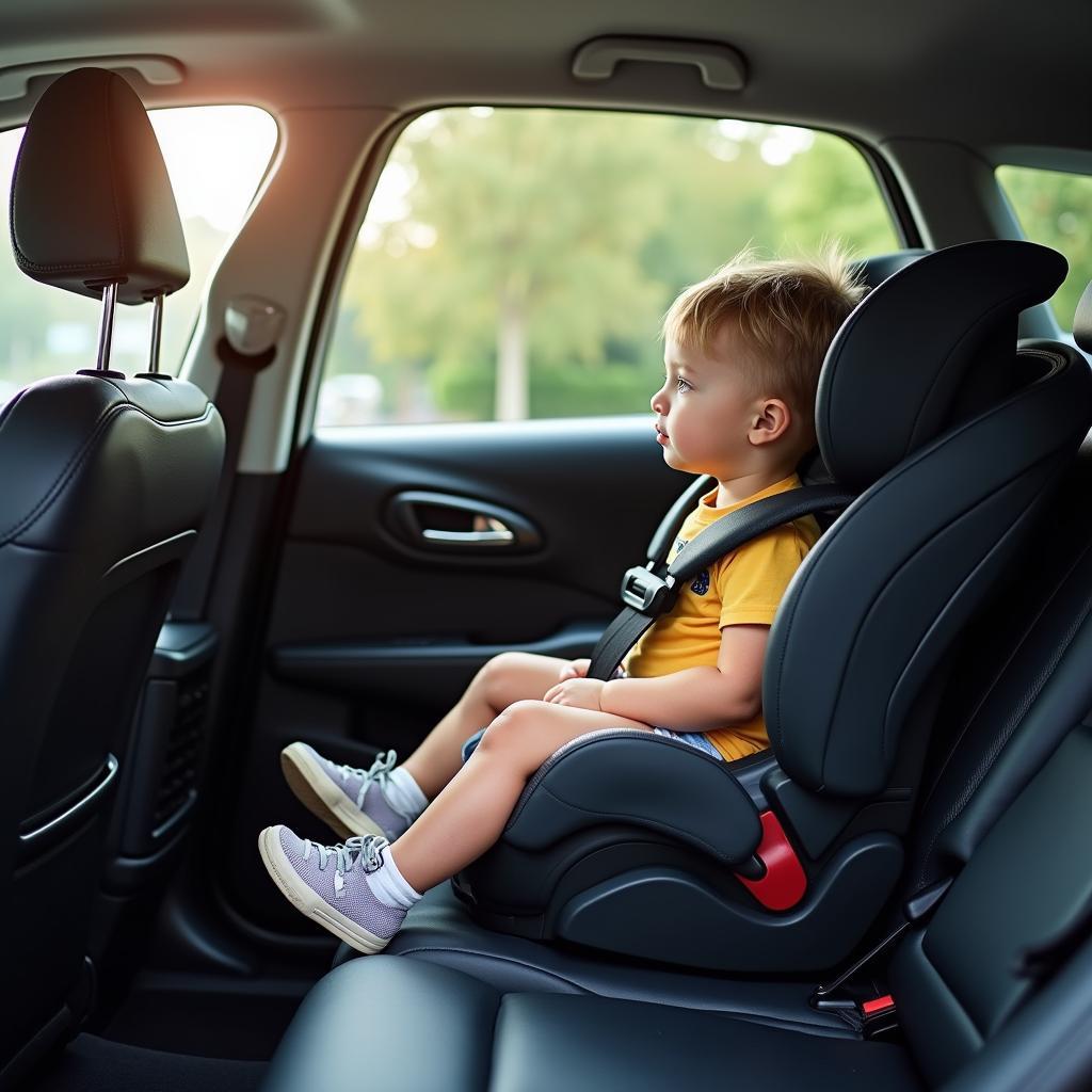 Anak duduk dengan aman di kursi anak di kursi belakang mobil.