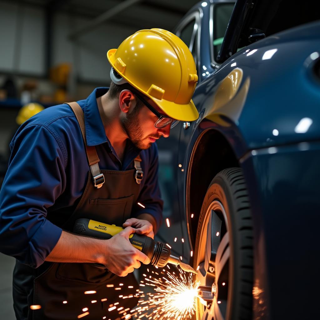 Sicherheitshelm beim Bohren in der Autoreparatur