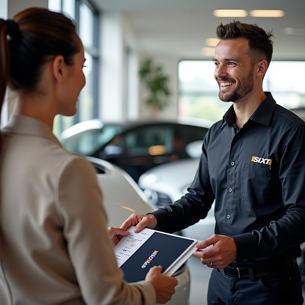 Sixt Autovermietung Kundenservice: Ein Mitarbeiter berät einen Kunden bei der Auswahl eines Mietwagens.