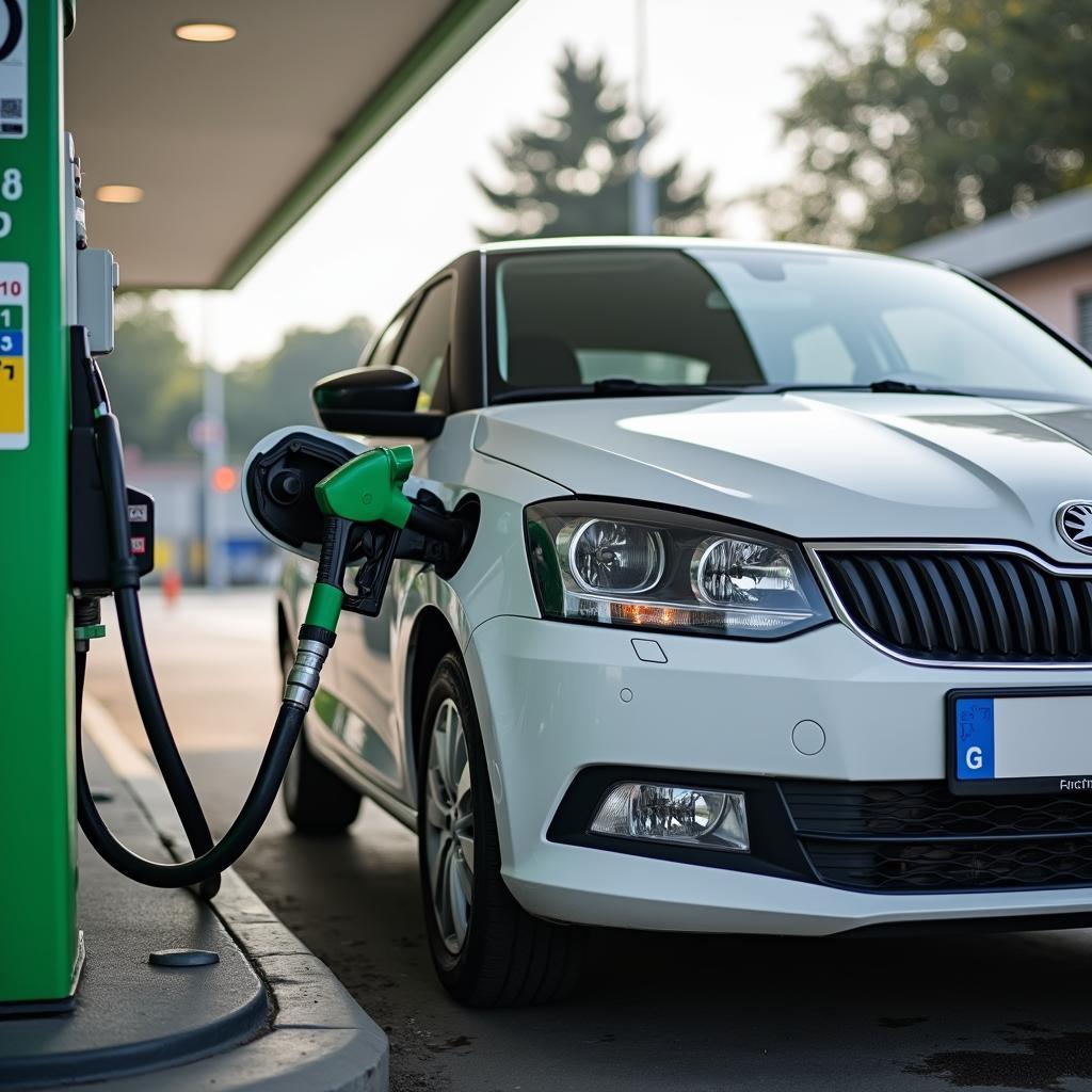 Skoda Fabia tankt E10 Kraftstoff an einer Tankstelle.