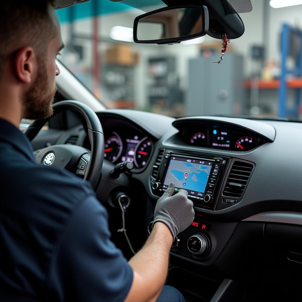 Einbau eines Navigationssystems im Skoda Fabia durch einen Fachmann in einer Werkstatt