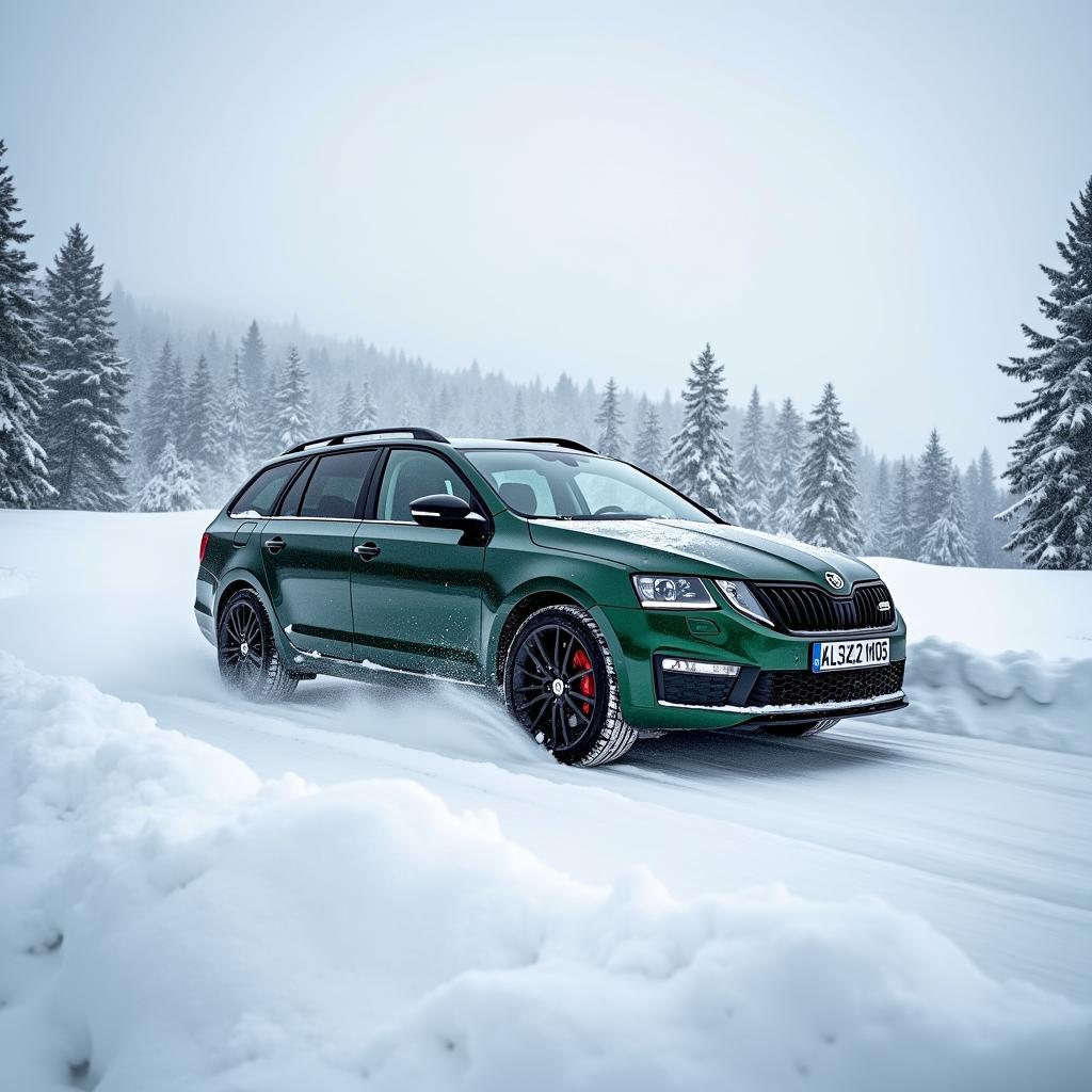 Skoda Octavia RS Allrad fährt sicher durch verschneite Landschaft.  Der Allradantrieb sorgt für optimale Traktion und Stabilität auf schneebedeckter Straße.  Das Fahrzeug meistert die winterlichen Bedingungen souverän.