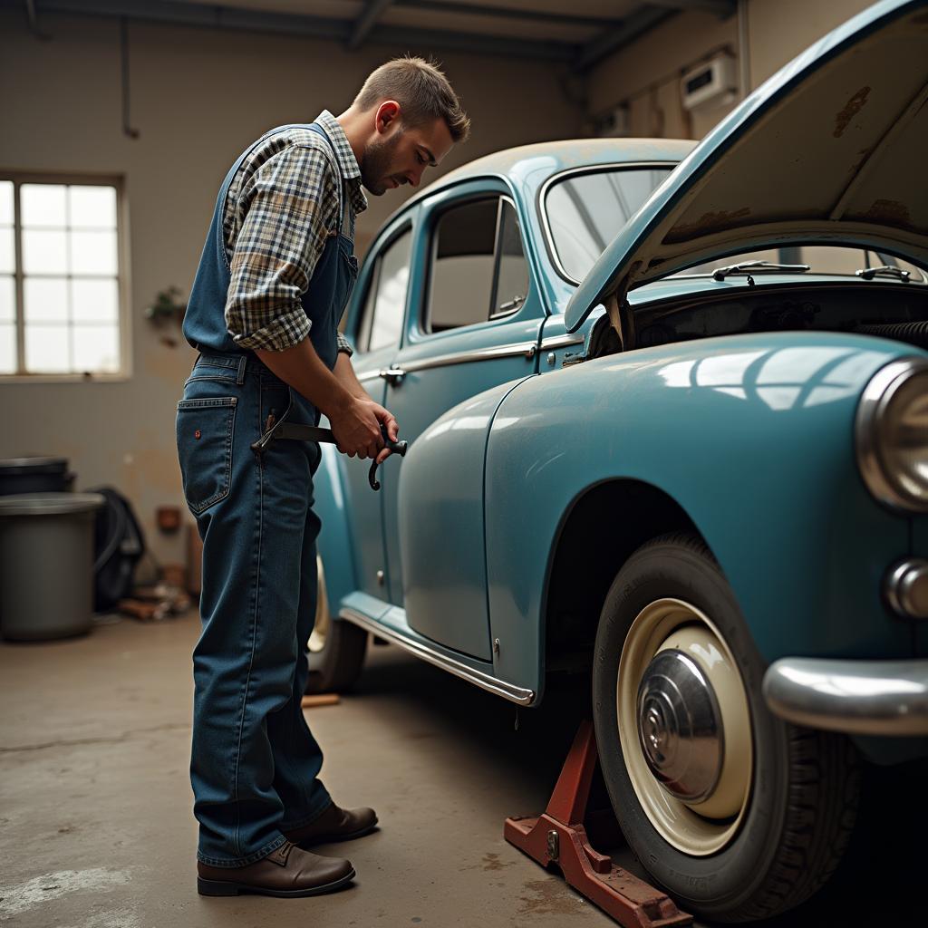 Auto Reparatur am Hof: Ein Mann repariert seinen Oldtimer in seiner Garage.