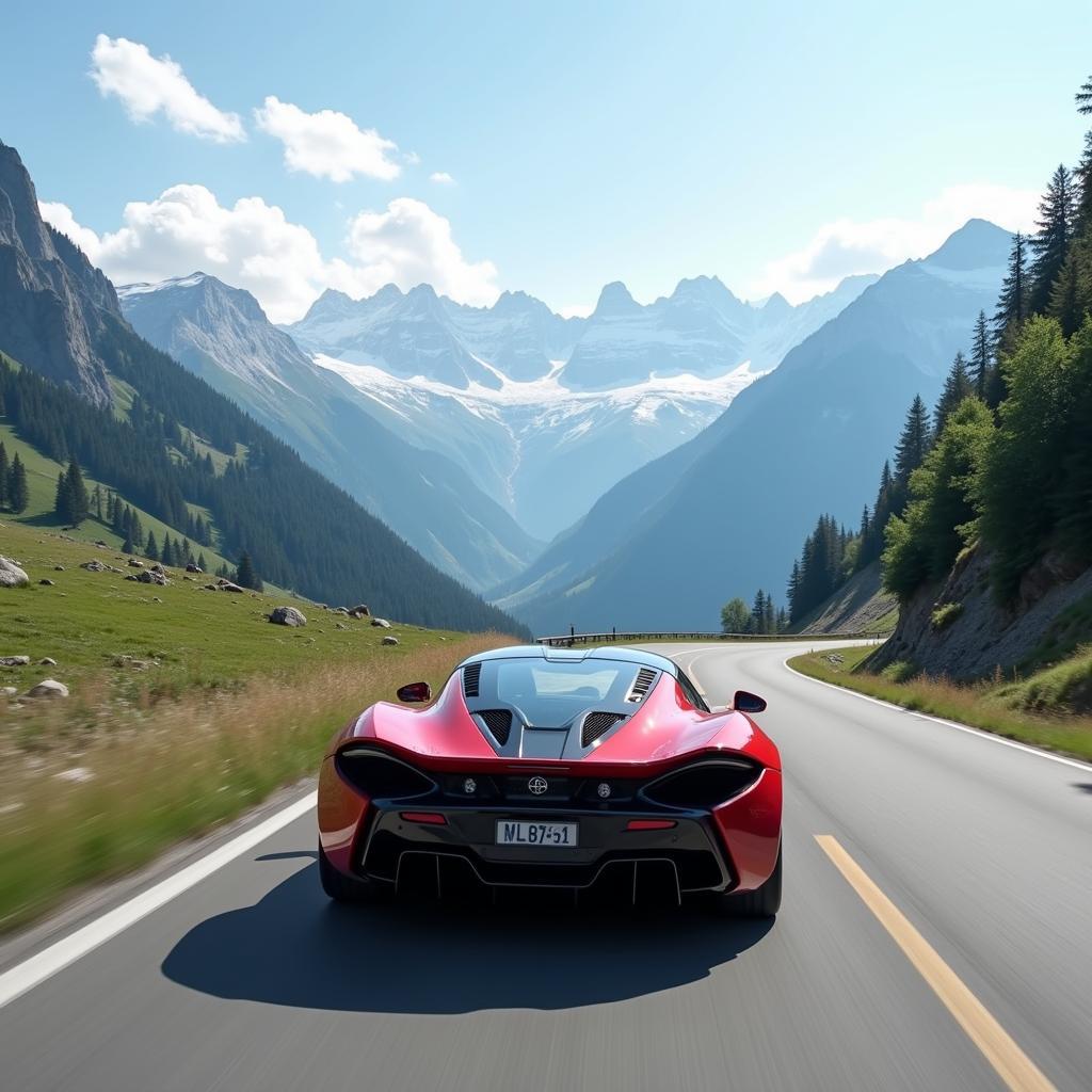 Sportwagen fährt auf einer kurvenreichen Bergstraße mit atemberaubendem Alpenpanorama im Hintergrund.