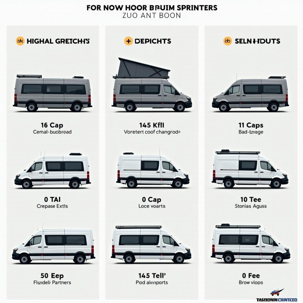 Vergleich Hochdach Varianten Sprinter: Darstellung verschiedener Hochdach-Modelle für den Sprinter, mit unterschiedlichen Höhen und Designs.