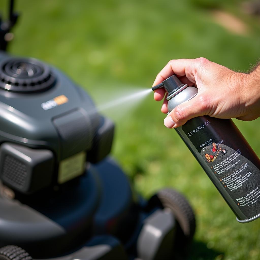 Anwendung von Starterspray am Rasenmäher