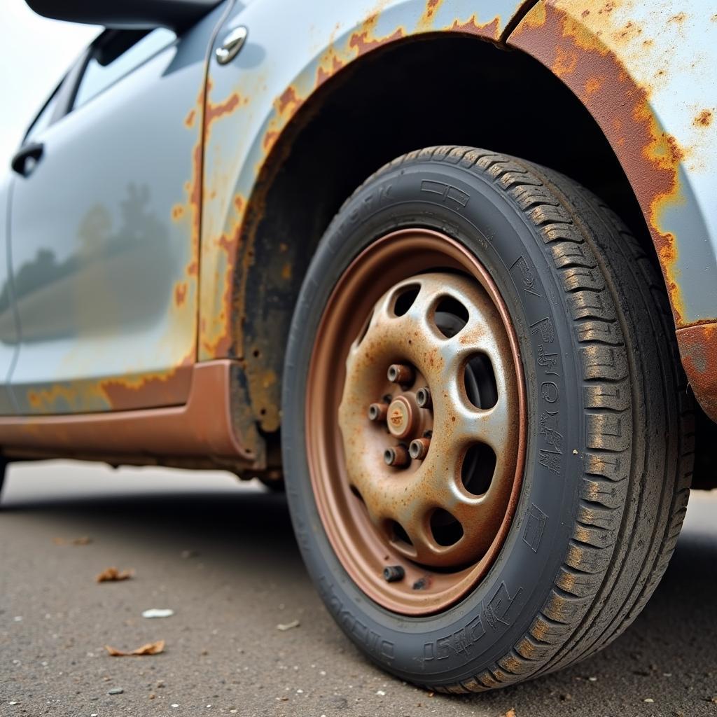 Ferrugem na roda e chassi de um Suzuki Swift 1.3