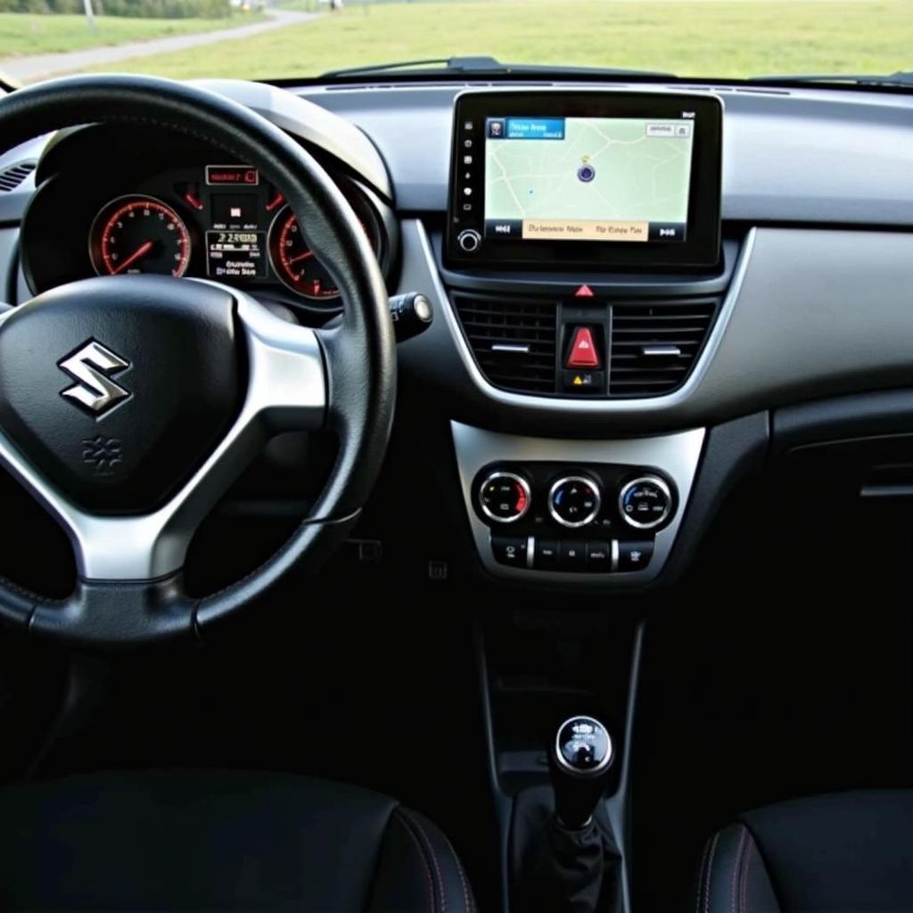 Innenausstattung des Suzuki Swift Xtra. Das moderne Armaturenbrett des Suzuki Swift Xtra mit Navigationssystem, Klimaanlage und anderen Komfortfunktionen.