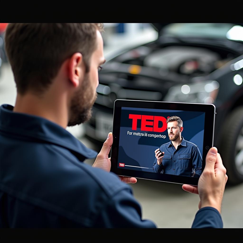 TED Talks auf YouTube für Automechaniker: Ein Mechaniker schaut sich auf einem Tablet ein TED Talk Video an.