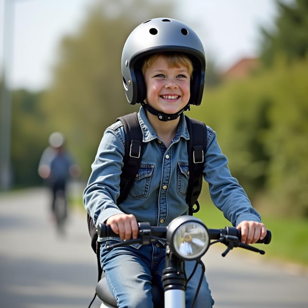 Teenager mit Helm fährt einen Netto Roller 25 km/h.