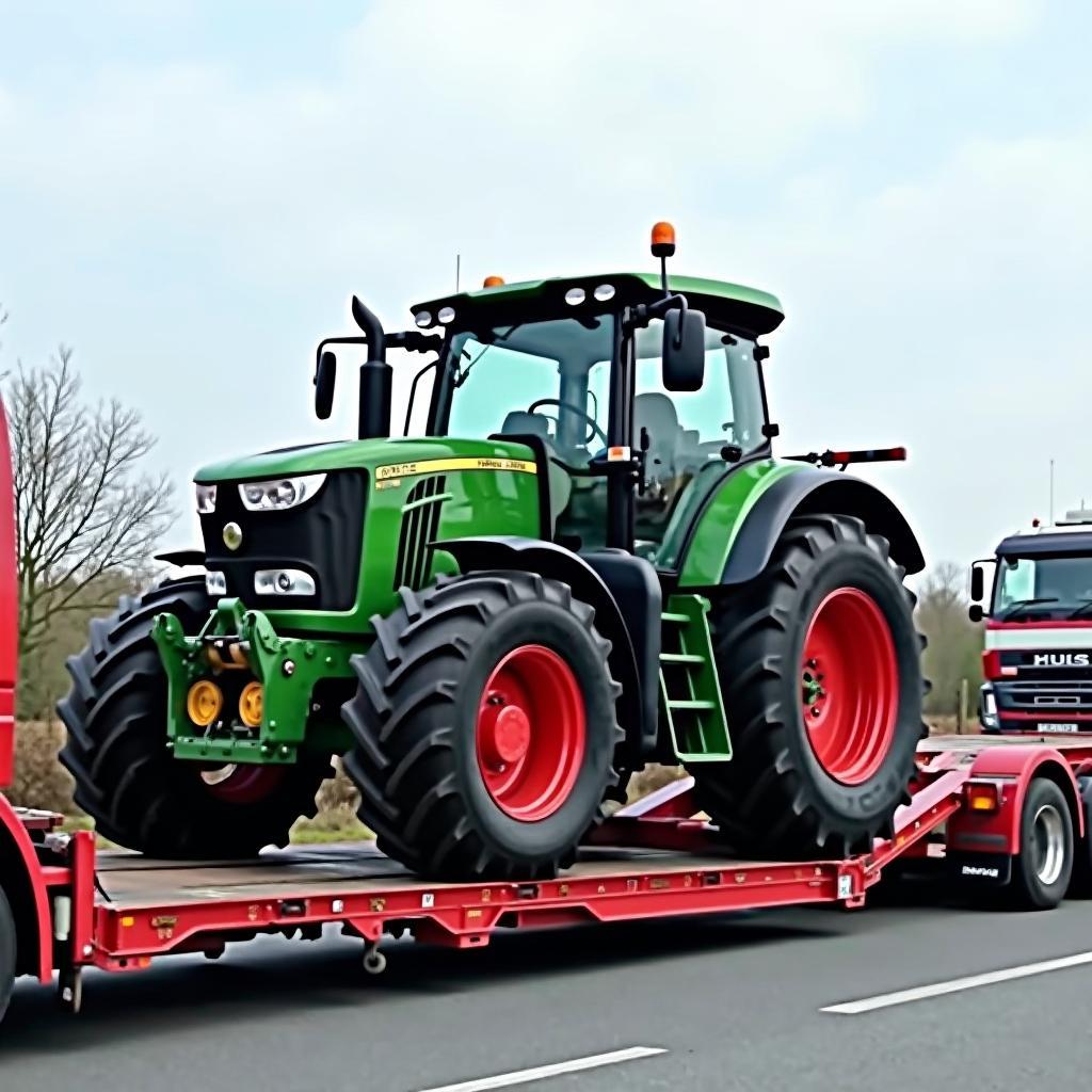 Traktortransport auf einem Tieflader.