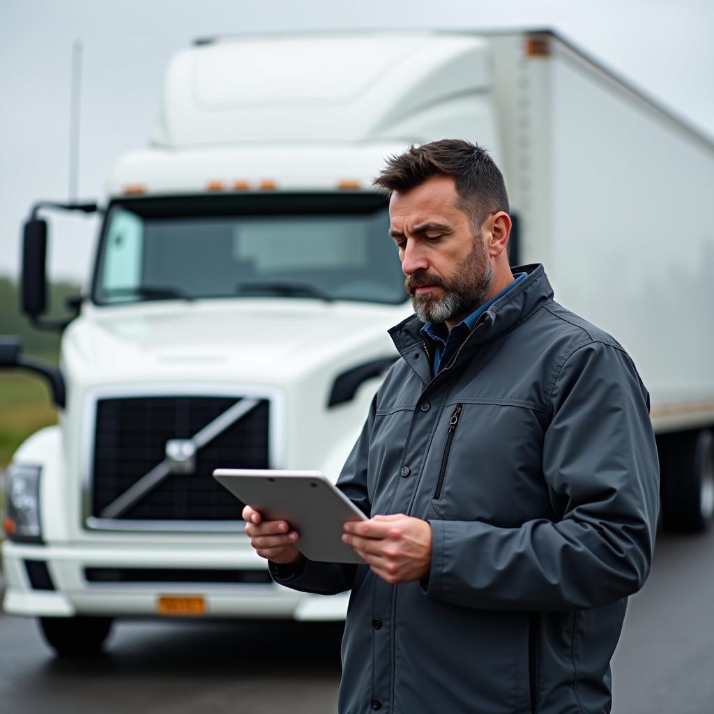 Transportunternehmer plant Route mit Tablet vor LKW