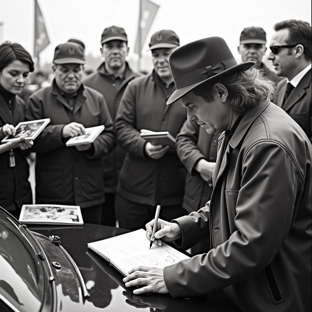 Udo Lindenberg gibt Autogramme auf der Motorhaube