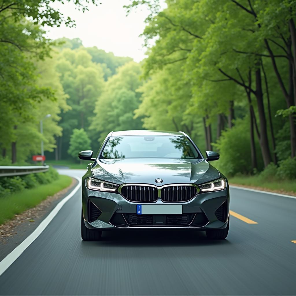 Umweltfreundliches Auto und Abgase: Ein modernes Auto mit geringen Emissionen fährt auf einer Straße, umgeben von grüner Landschaft.  Dies symbolisiert die positive Auswirkung regelmäßiger Wartung auf die Umwelt.