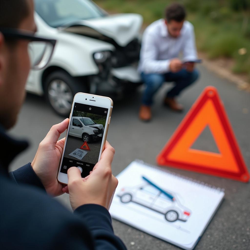 Unfalldokumentation: Fotos, Skizze, Notizen und Warndreieck