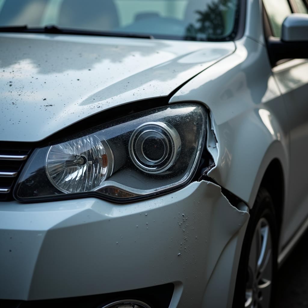 Unfallschaden beeinträchtigt die Sicherheit: Nahaufnahme eines Schadens am Auto, der die Fahrsicherheit beeinflussen könnte.