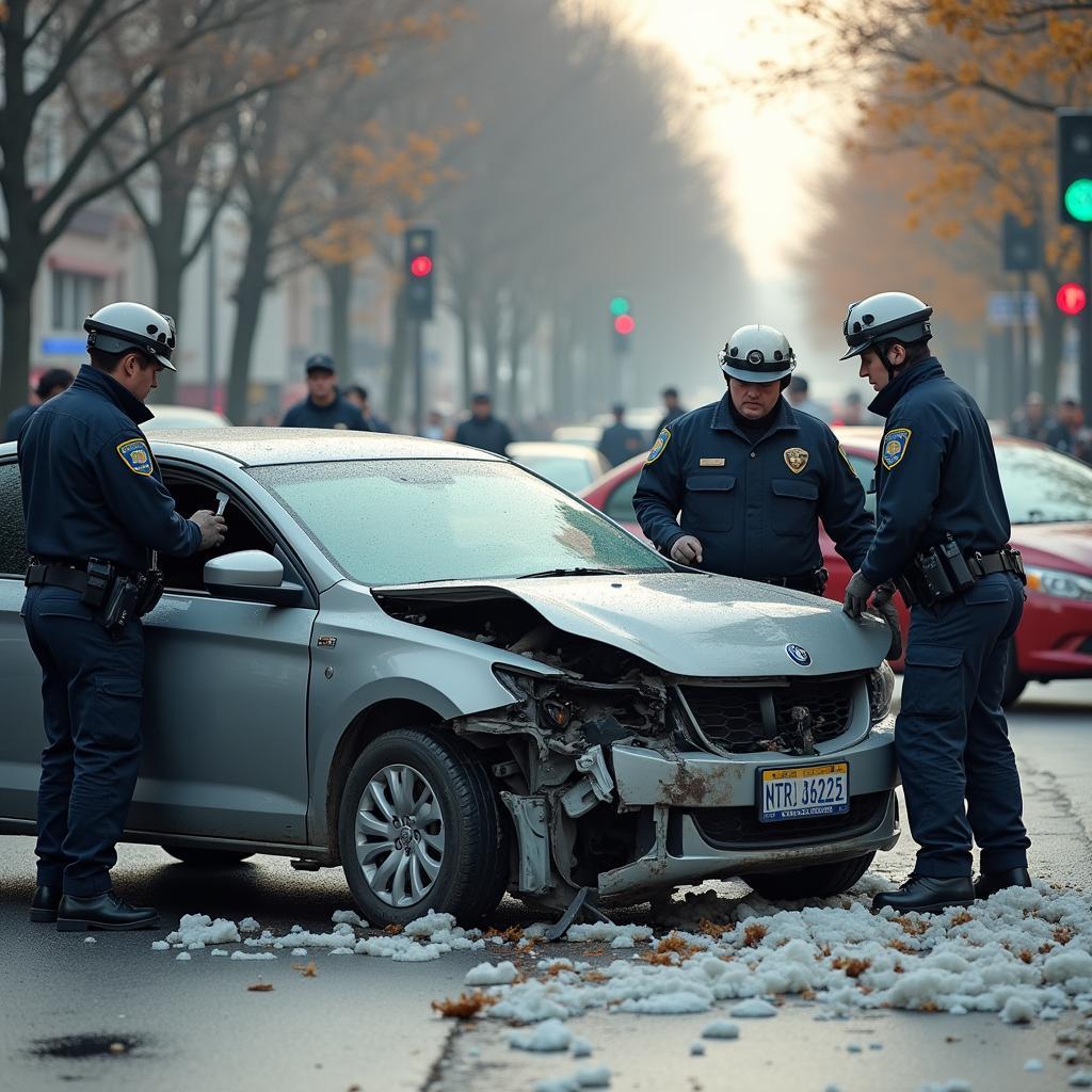 Unfallsituation: Auto mit Schaden, Polizei und Ersthelfer vor Ort