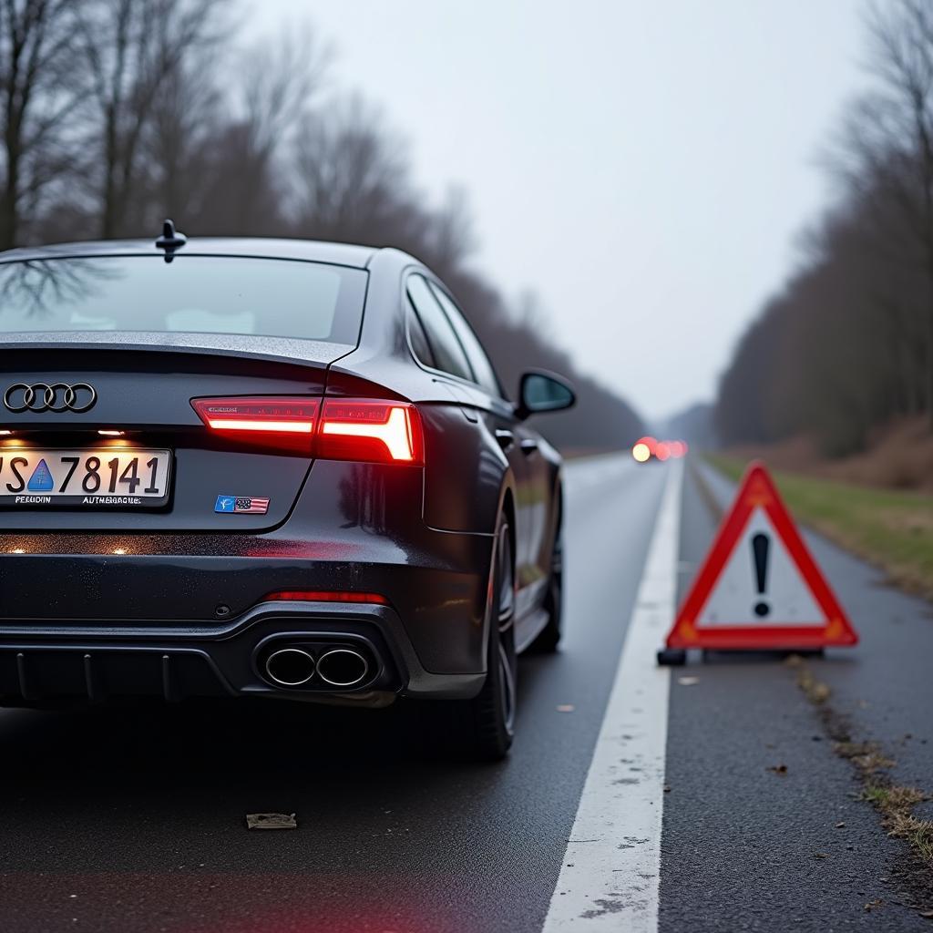 Unfallstelle auf der A81: Ein Audi RS6 mit eingeschalteter Warnblinkanlage und Warndreieck.