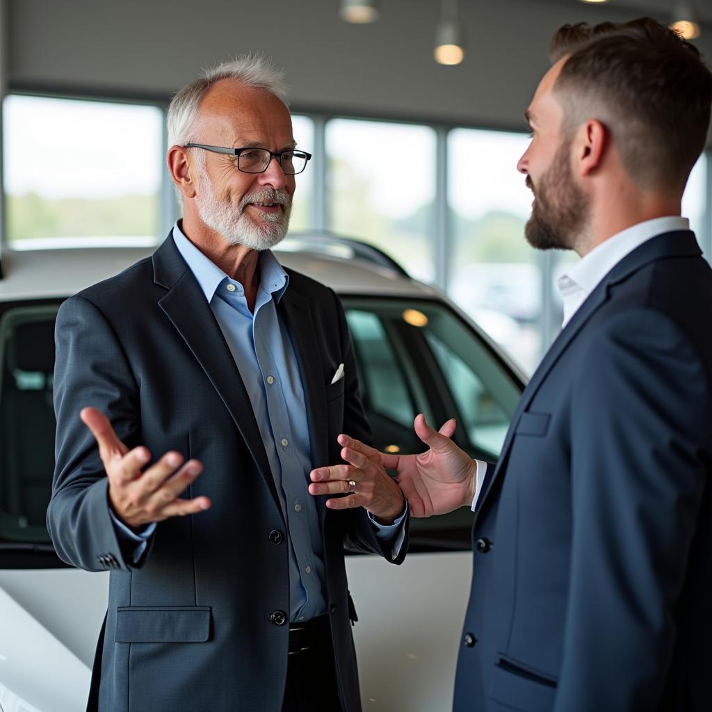 Uwe Ludolf showcasing a used car at his dealership.