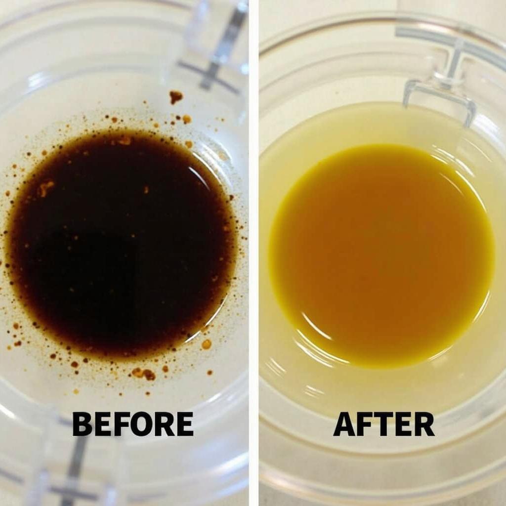 Comparação de óleo usado antes e depois da purificação em uma centrífuga.