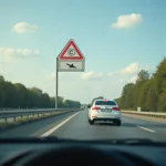 Geschwindigkeitsbegrenzungsschild auf der Autobahn - Ein Auto fährt auf der Autobahn unter einem Geschwindigkeitsbegrenzungsschild.