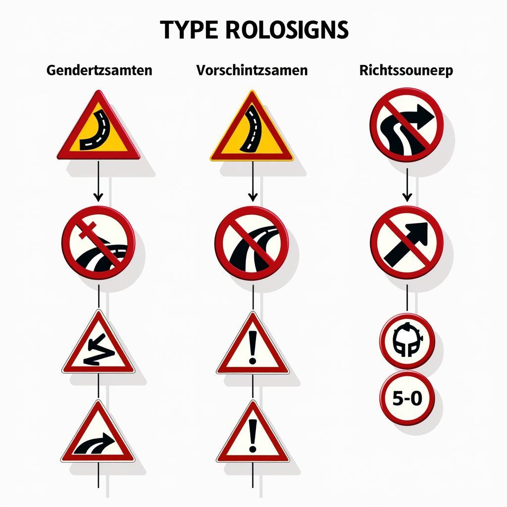 Beispiele für Gefahr-, Vorschrift- und Richtzeichen im deutschen Straßenverkehr.