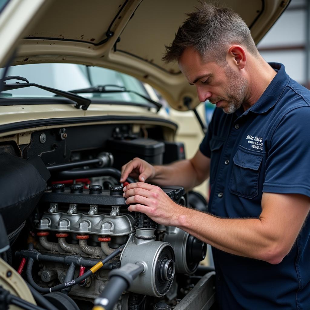 Ein Mechaniker führt Wartungsarbeiten am luftgekühlten Boxermotor eines VW T2 durch.