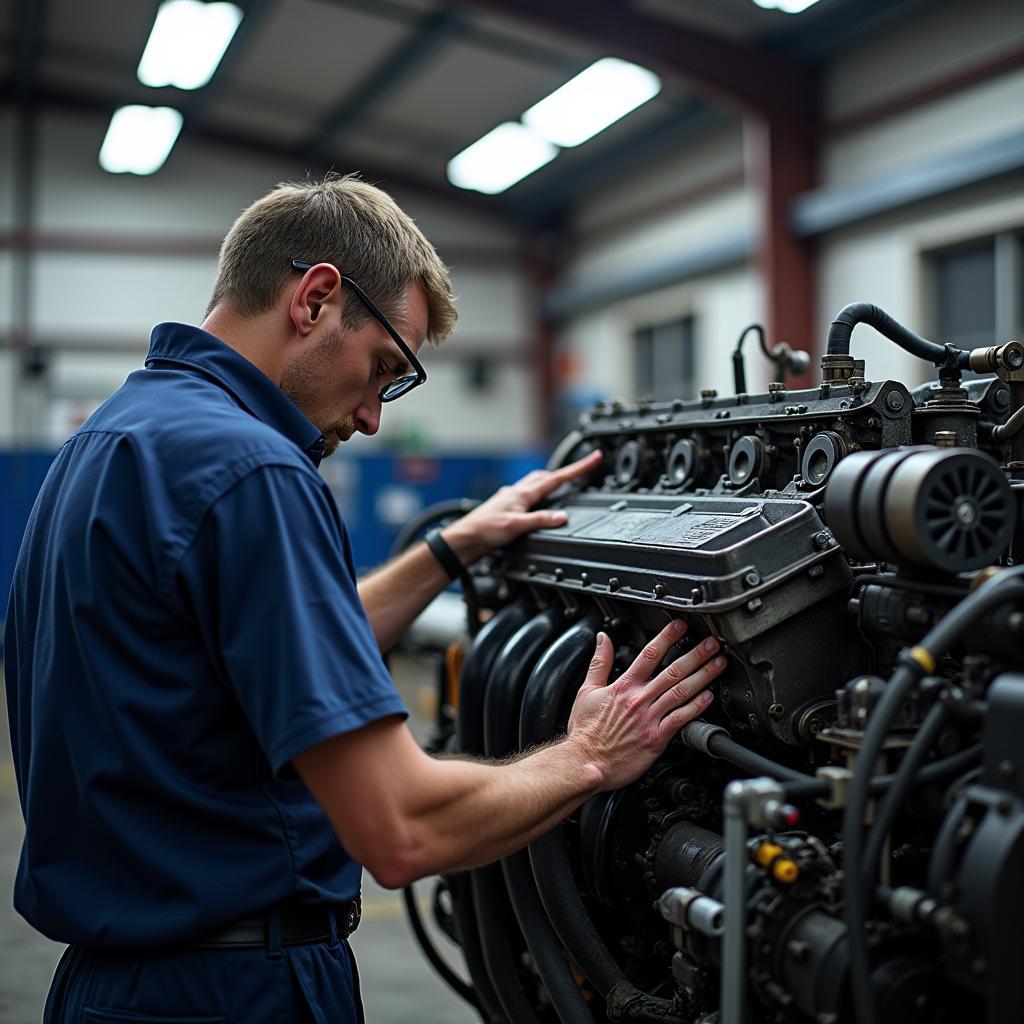 Reparatur eines Volvo 5-Zylinder-Dieselmotors in einer Werkstatt