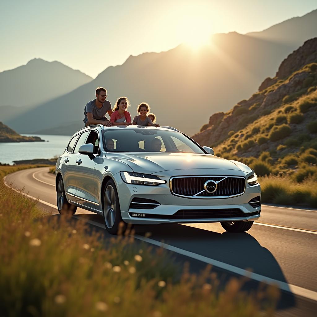 Family on a road trip in a Volvo Wagon