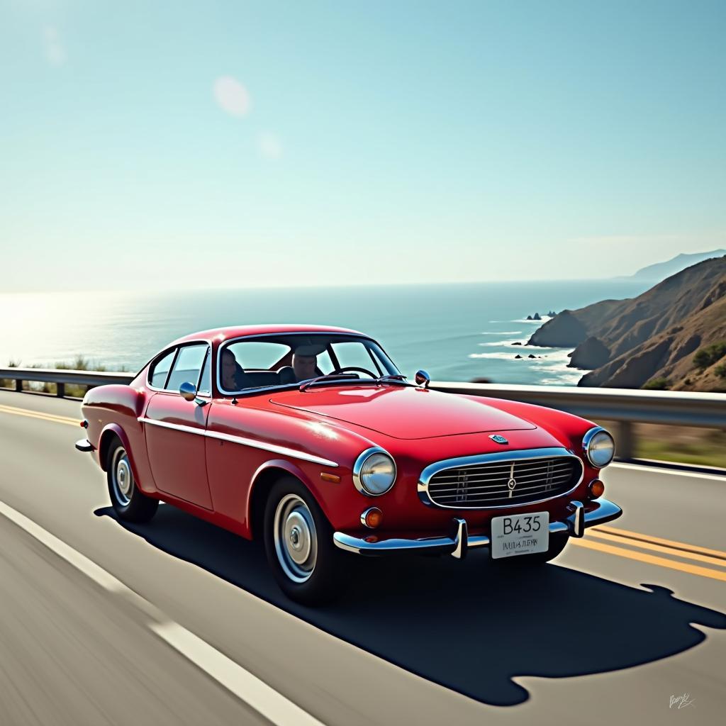 Klassischer Volvo P1800 Coupé in rot, fährt auf einer Küstenstraße.