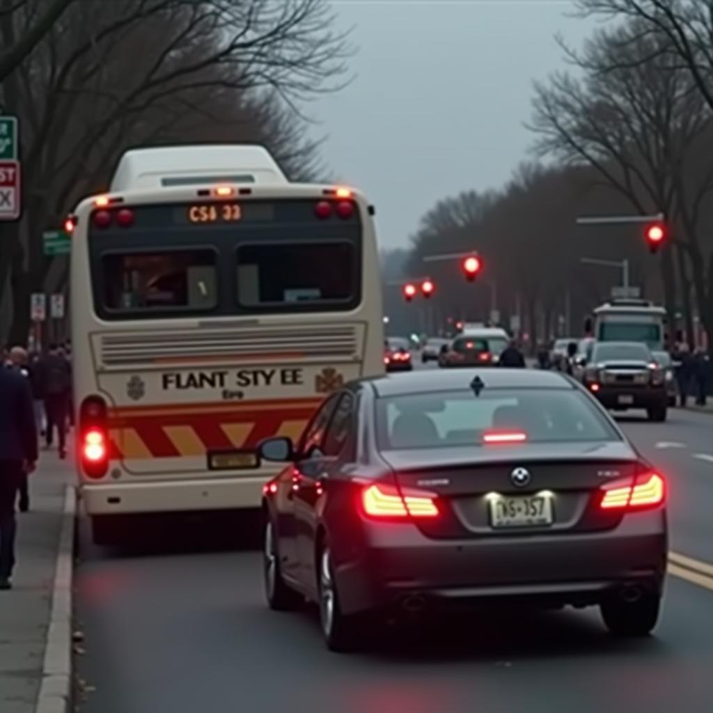 Vorbeifahren an einem Bus mit Warnblinker mit Schrittgeschwindigkeit