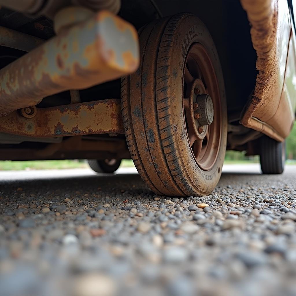 Rostschaden am Unterboden eines VW Caddy: Nahaufnahme von Roststellen am Unterboden eines gebrauchten VW Caddy, die auf mögliche versteckte Mängel hindeuten.