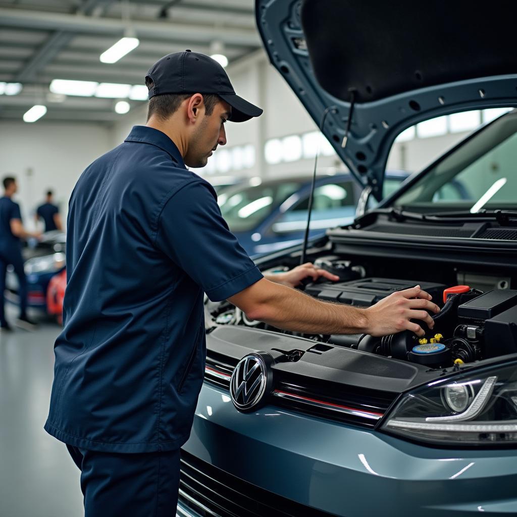 VW Golf eHybrid in der Werkstatt bei einer Reparatur durch einen Hybrid-Spezialisten