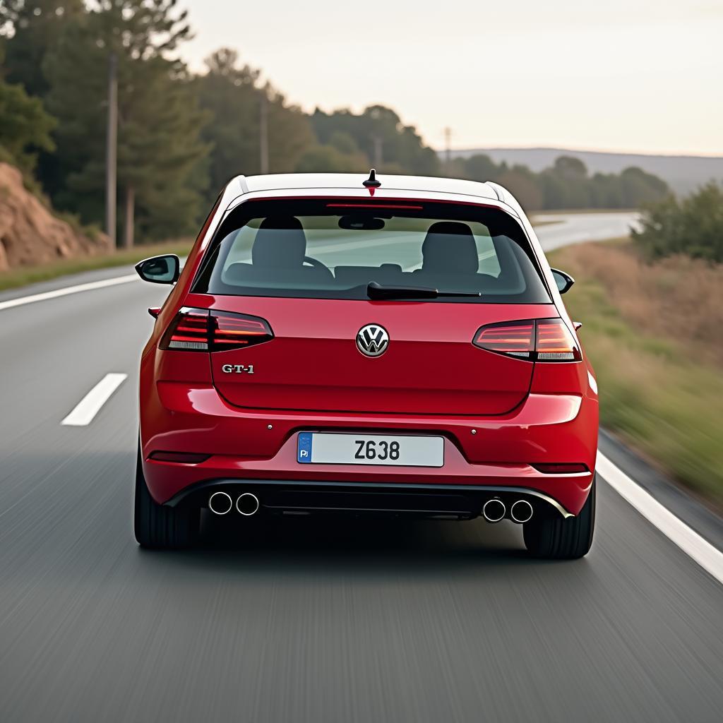 VW Golf GTI 8 in Rot: Heckansicht während der Fahrt