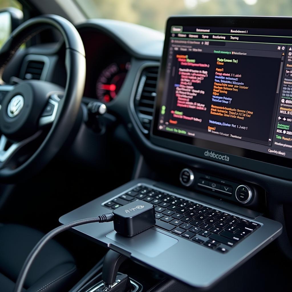 VW Käfer Fehlerdiagnose online: Laptop verbunden mit OBD-Schnittstelle im Käfer.