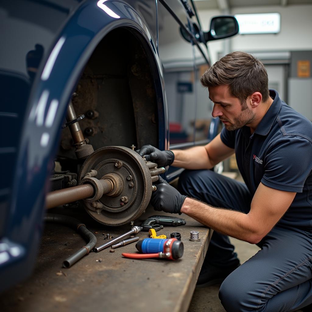 Einbau einer neuen VW T3 Antriebswelle in einer Werkstatt