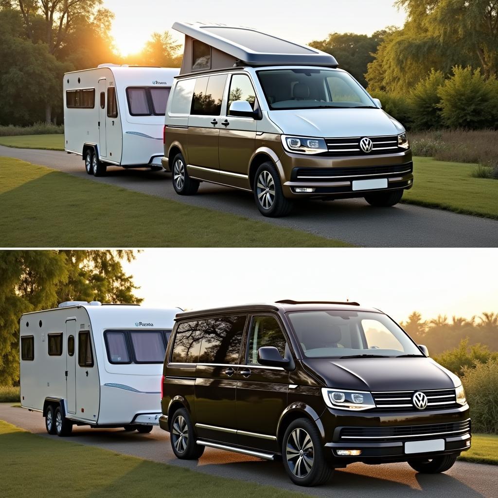 VW T6 mit Wohnwagen und Pferdeanhänger