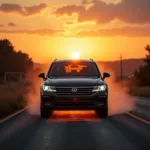 VW Touareg fährt bei Abendsonne - Sehschärfe ist wichtig für die Verkehrssicherheit.