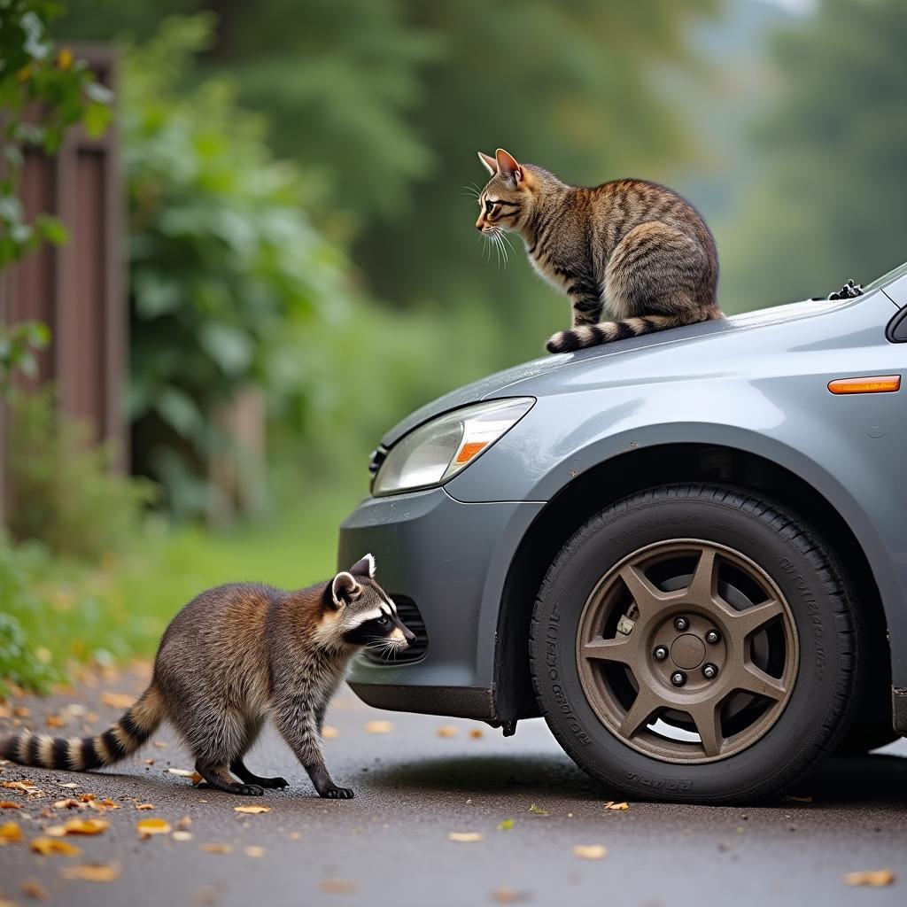 Waschbär und Katze treffen sich am Auto