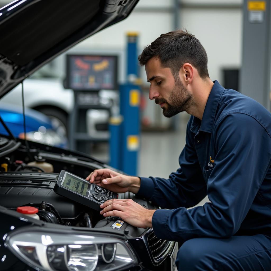 Gründlicher Check eines Gebrauchtwagens in der Werkstatt