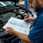 Ein Mechaniker schlägt ein Werkstatthandbuch auf, um Informationen zur Autoreparatur zu finden.  Das Handbuch enthält detaillierte Anleitungen und Diagramme.