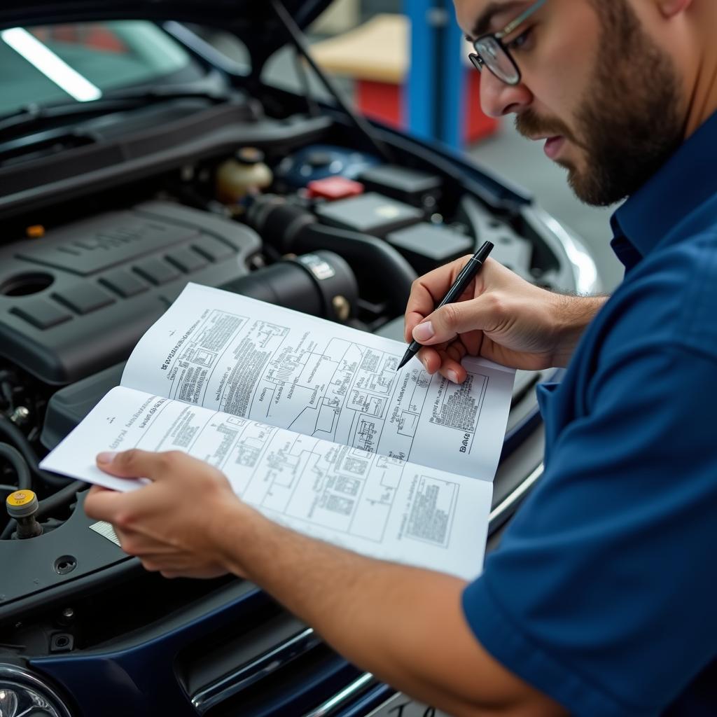 Ein Mechaniker schlägt ein Werkstatthandbuch auf, um Informationen zur Autoreparatur zu finden.  Das Handbuch enthält detaillierte Anleitungen und Diagramme.