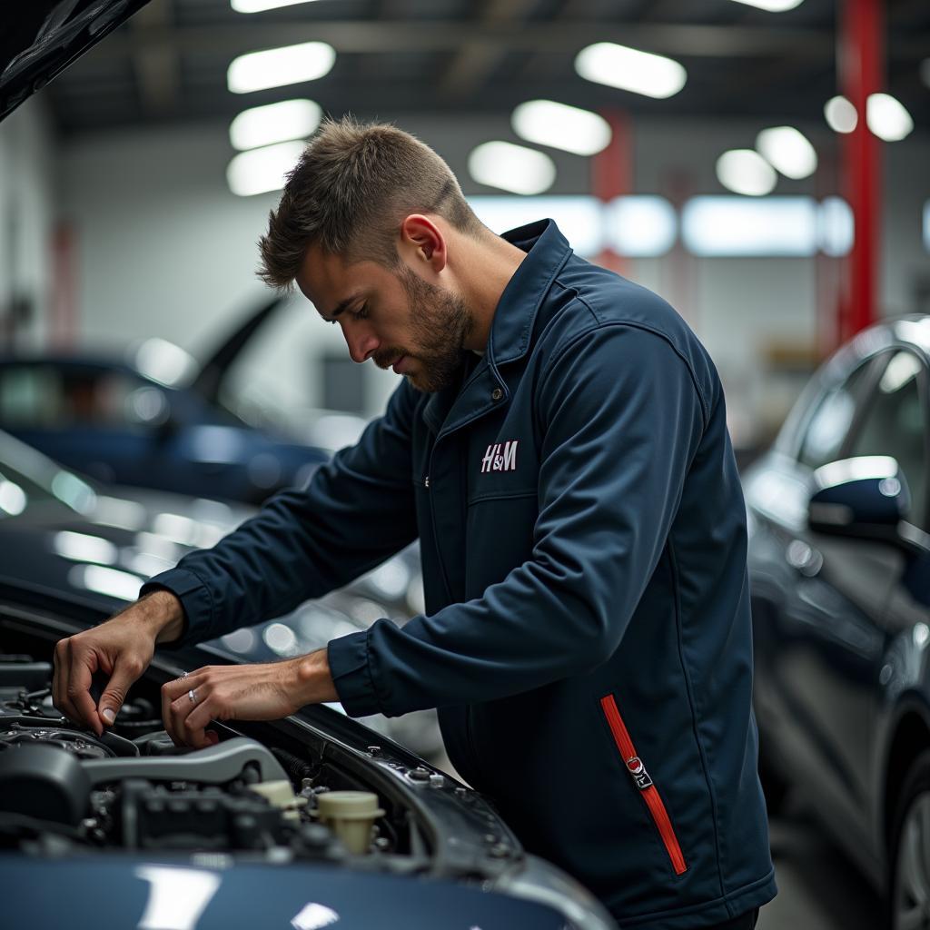 Werkstatt mit Mechaniker in H&M Sportskleidung