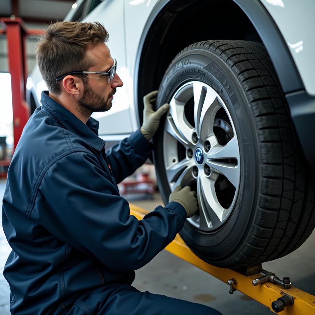 Montage von Winterreifen durch einen Fachmann in der Autowerkstatt