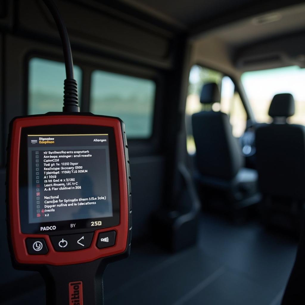 Wohnmobil MB Sprinter Diagnosegerät Fehlercodes: Ein Diagnosegerät ist an den OBD-Port eines Mercedes-Benz Sprinter Wohnmobils angeschlossen und zeigt Fehlercodes an.